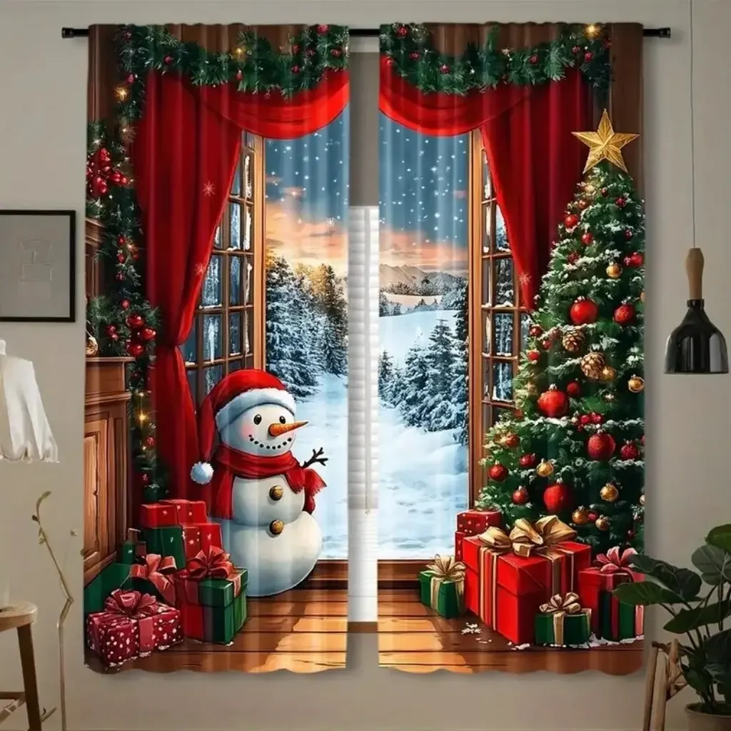 2pcs Christmas Wonderland Curtain Rustic Wooden Look With Xmas Tree Santa Snow & Moon Designs Curtain for Living Room Holiday