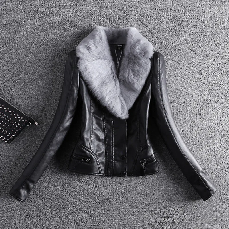 

Nice Winter Faux Leather Jacket Women Fashion Faux Velvet Fur CollarJacket Coats Female Casual Warm Thick Outerwear R743