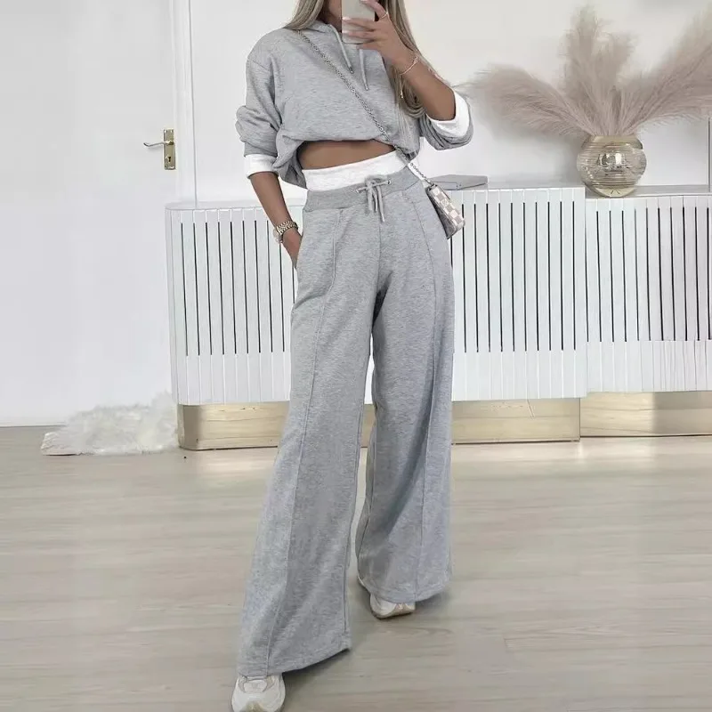 2024 Spring Autumn New Loose Sports Suit Women Long Sleeve Hooded Sweatshirt Drawstring High Waist Pocket Wide Leg Pants Suit