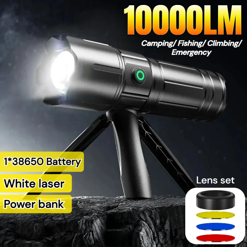 

10000LM 38650A Battery LED Flashlight Type-c Rechargeable Powerful Outdoor Self Defense Handlamp Camping Fishing Emergency Torch