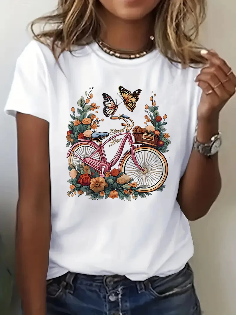 Damen-T-Shirt mit Blumenmuster, Schmetterling, Fahrrad-T-Shirt, grafisches Druckdesign, Rundhals-T-Shirt, Frühlings- und Sommer-T-Shirt