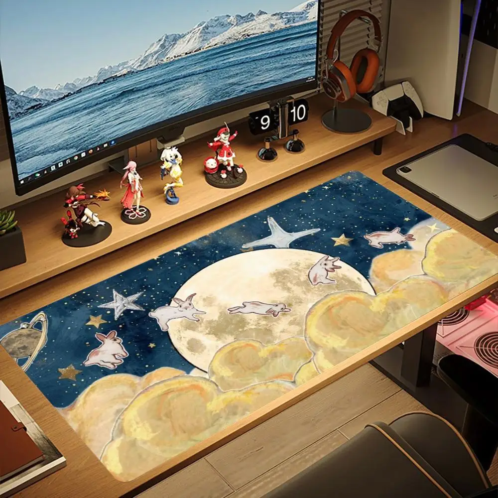 Moon Rabbit Starry Sky XXL Gaming Mouse Pad Non-Slip Rubber Overlocked Deskmat Cloud Planet Splash Star Art Keyboard Mats