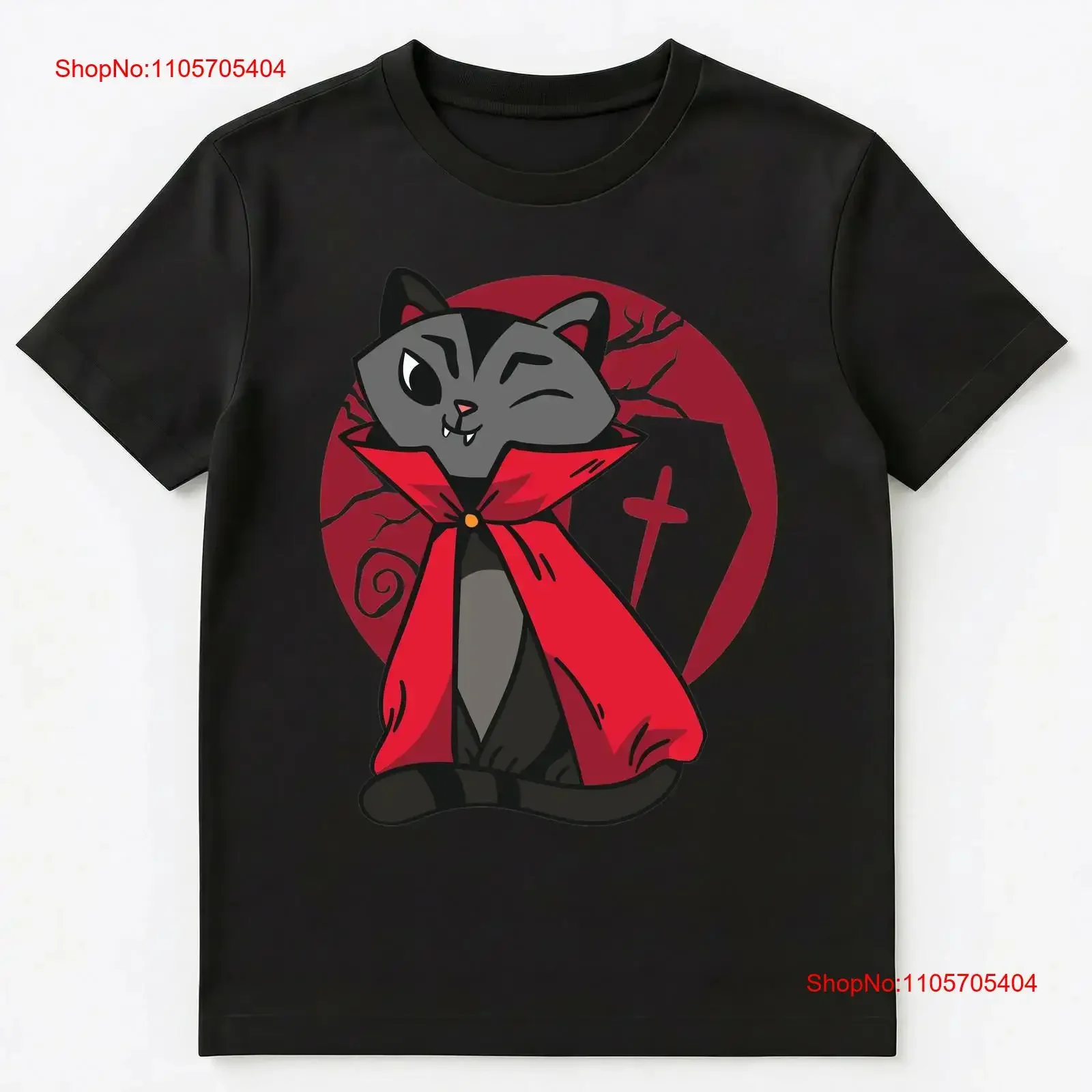 Cute Vampire Cat With Wink Halloween T Shirt long or short sleeves vintage Washed Comfortable Versatile homme Unisex Breathable