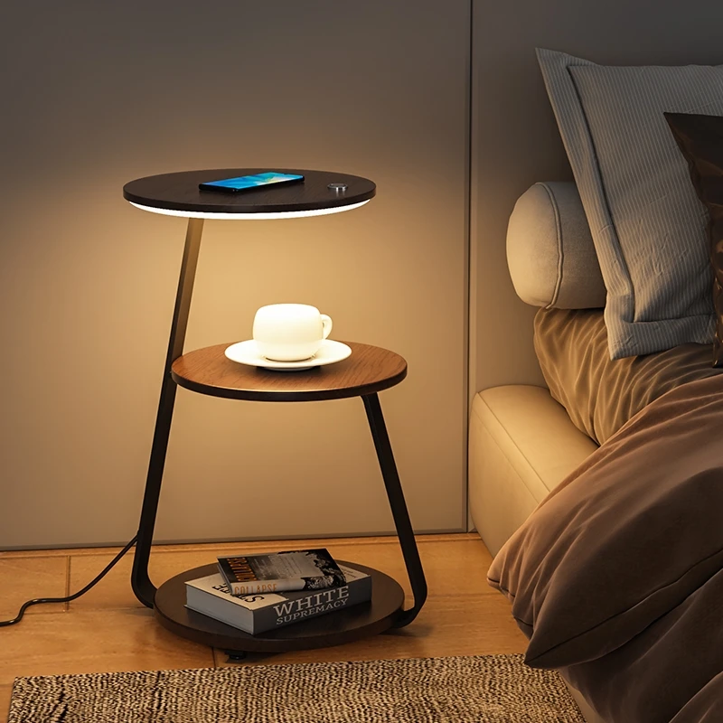 

Side Atmosphere Floor Living Room New Light Luxury Wood Charging Bedroom Bedside Cabinet Tea Table Integrated Lamp