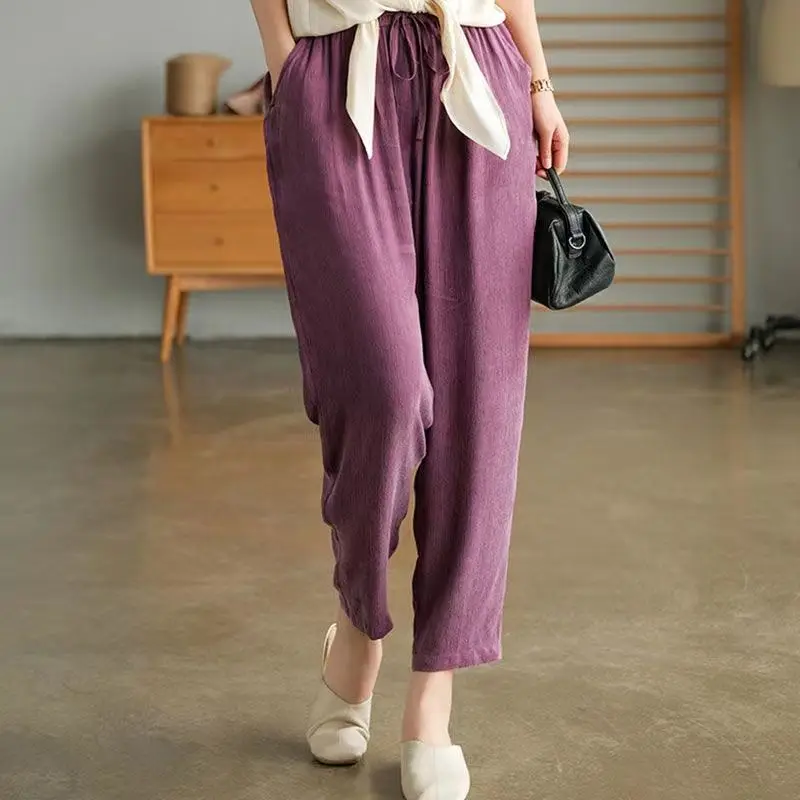 

Women's Casual Elastic Harem Pants, Ankle-Length Pants, High Waist, Lace Up, Soft, Korean Fashion, Purple, Summer