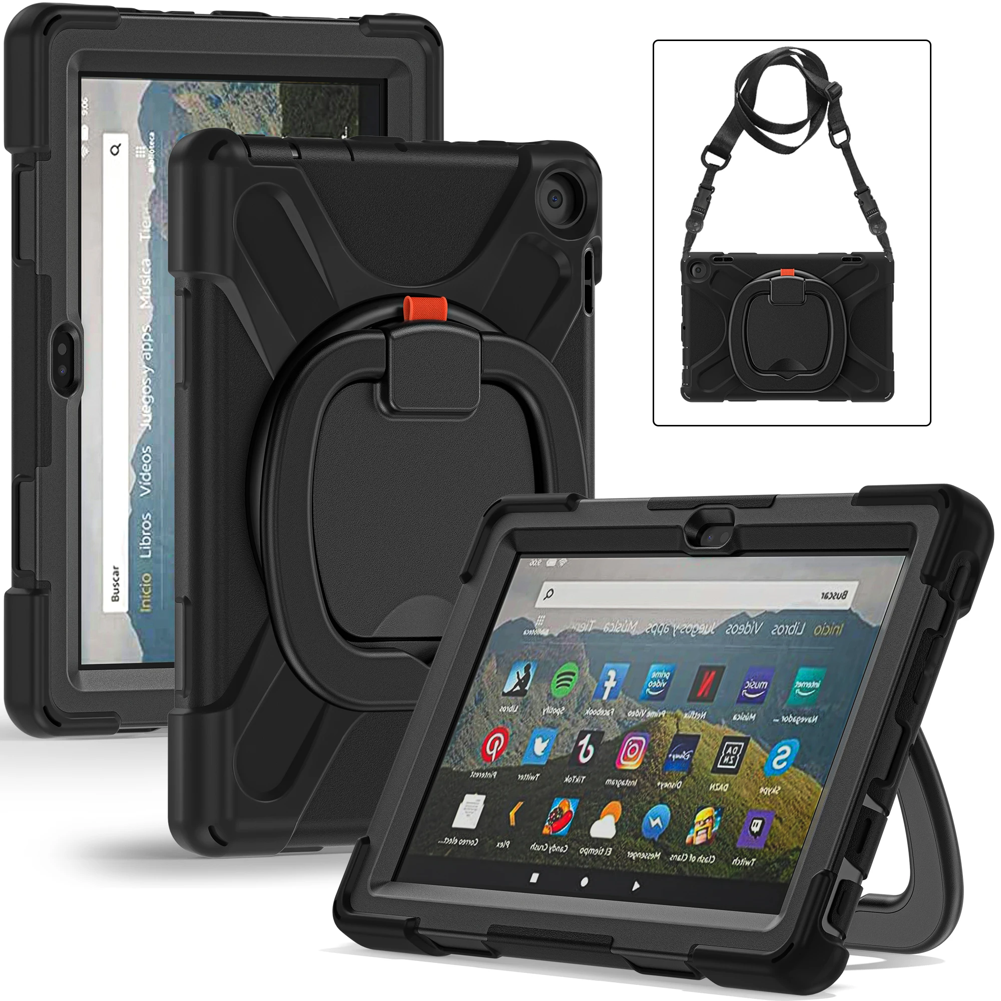 Funda para Amazon Fire HD8 Plus 2022 rotación 360 cubierta de protección multifuncional de 3 capas con correa para el hombro y empuñadura