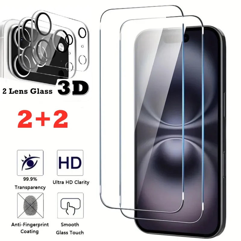 2+2 4in1 Klarglas-Displayschutzfolie + schwarze Kreis-Objektivschutzhülle für iPhone 13 Mini 14 15 16 Plus 17 Pro Max 17 Air 16e