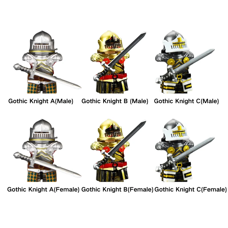 

Third-Party Gothic Knight Brick Figures - Male & Female Bodies with Sword, Armor & Flipable Helmet, Ideal for Medieval Enthusias