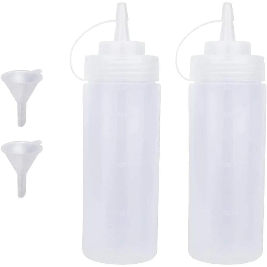 

Squeeze Bottles for Saes 2 Pack Ketchup Bottle 12 Ounce Plastic Dressing Squirt Bottle with Cap Lids and Funnel Condiment Bottl