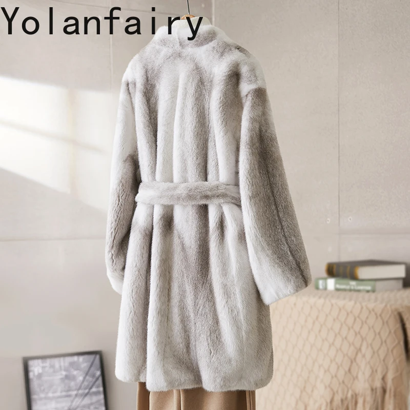 YOLANFAIRY Natural Fur Coat Cross Mink Fur Jackets for Woman Winter Elegant V-neck Mid-length Whole Mink Fur Coat Lace-up Abrigo