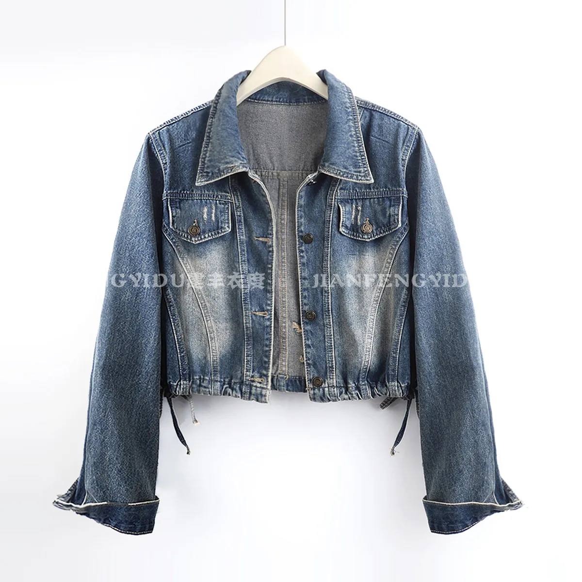 Vintage Blue Denim Shirt Jacket Irregular Hem Casual Lapel Single-Breasted Long-Sleeved Cowboy Shirt Jacket Autumn Women New