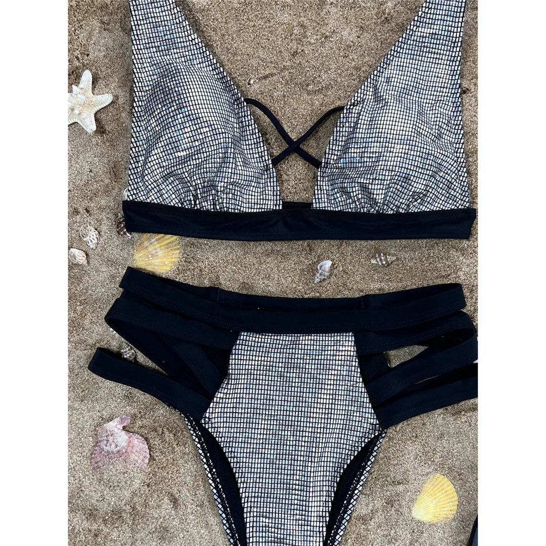 Sexy kariertes, trägerloses Damen-Badeanzug-Set, Bikini mit hoher Taille, zweiteiliger Bikini, gepolsterter Badeanzug, Badebekleidung, Modell V4450. – Detail 9