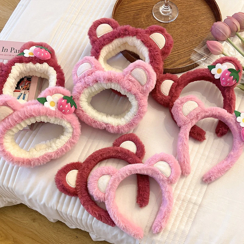 Sweet Hairband Strawberry Bear Plush Ears Headband Cartoon Face Wash Non-Slip Cute Headdress Hair Hoop Headband Accessoires