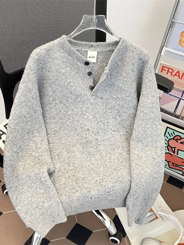 

Свитер с воротником Генри в американском стиле ретро, осень-зима, свободное повседневное универсальное вязаное верхнее пальто для пар