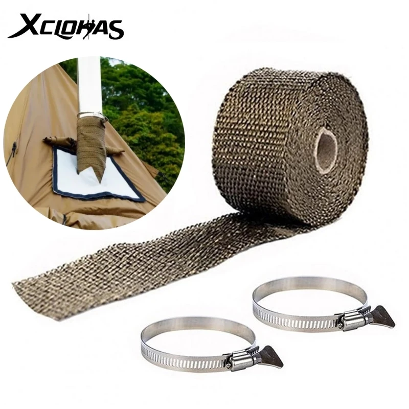 Stovepipe Fireproof Wrap Ribbon Tent Stove Fireproof Ribbon DIY Stove Pipe Protector Glassfiber Fireproof Ribbon With 2 Clamps