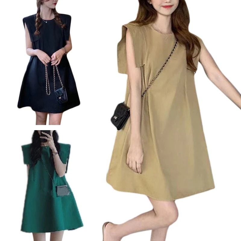 Womens Summer Casual Sleeveless Roun Neck A-line Swing Dress Casua Loose Beach Dress Drop Shipping