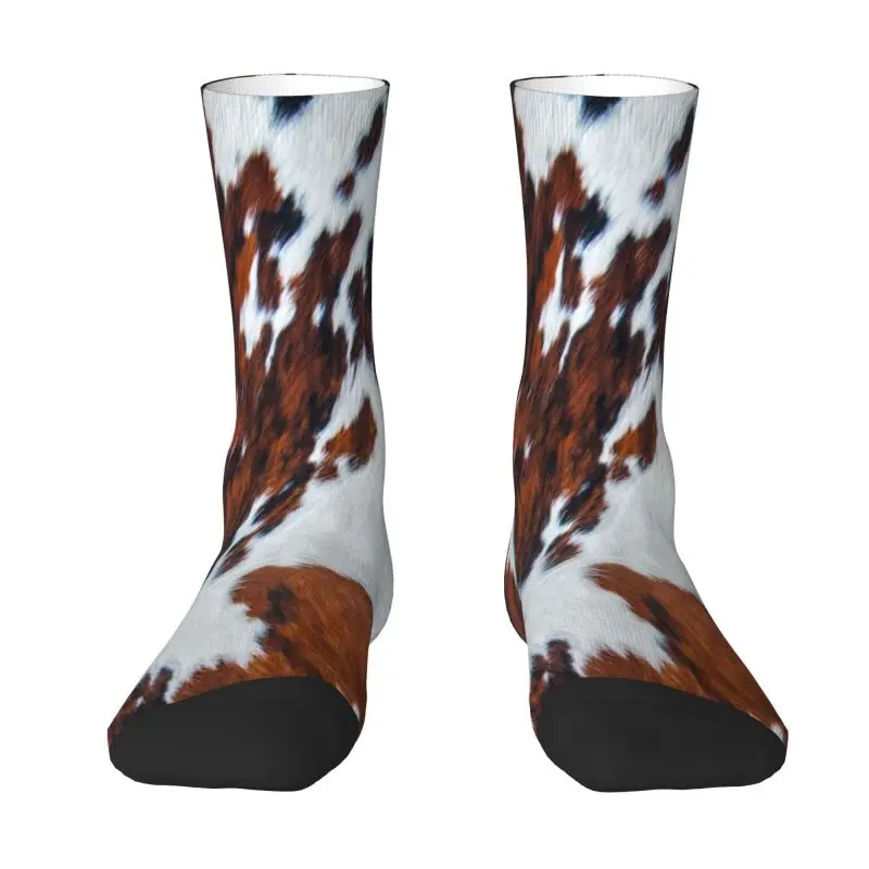 

Novelty Mens Rustic Cow Faux Fur Skin Leather Dress Socks Unisex Breathbale Warm 3D Printing Animal Cowhide Texture Crew Socks