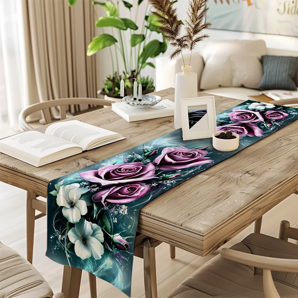 print table runner Roses & White Blossom Elegant Style Floral Pattern Tablecloth for Seasonal Celebrations Both Indoor And Outdo