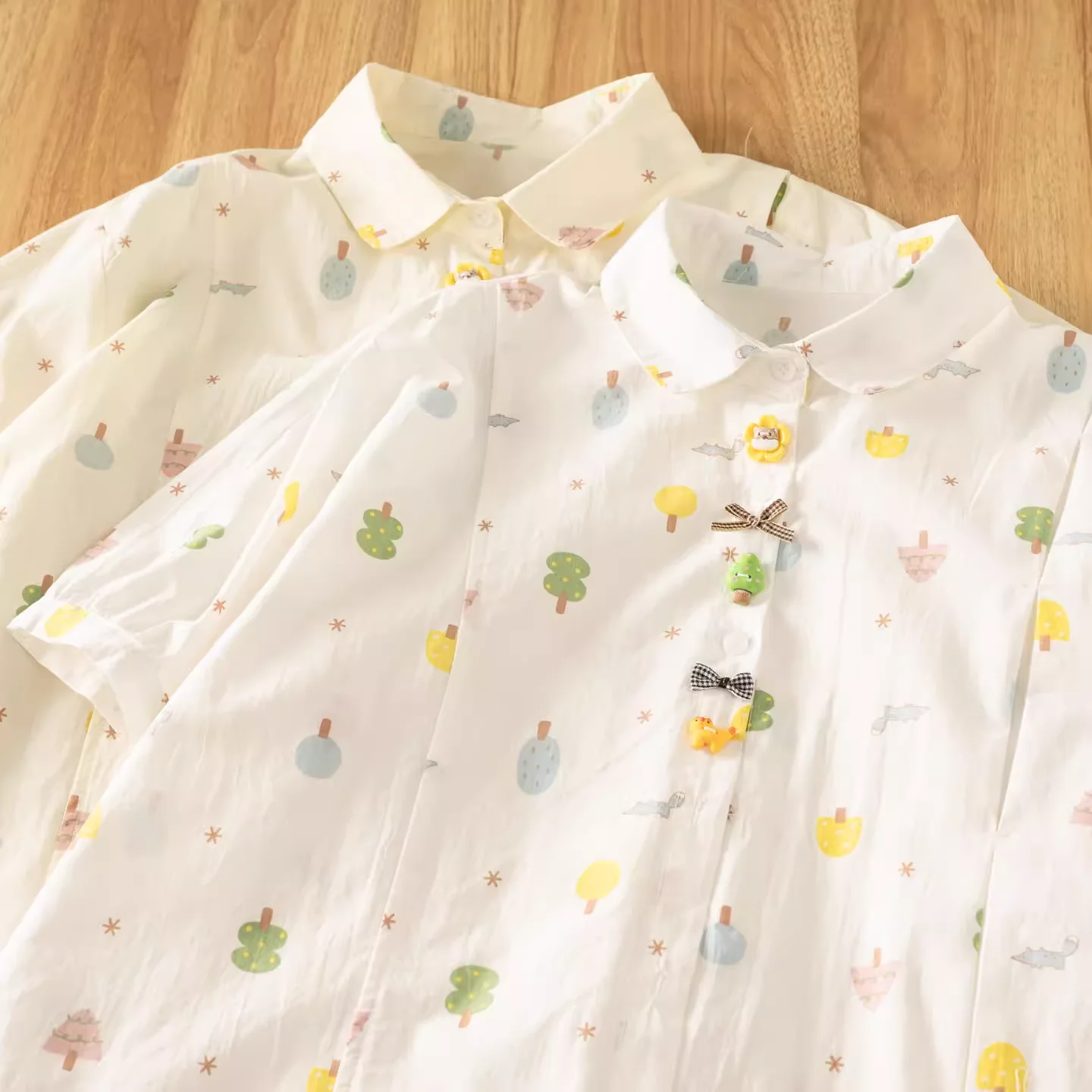 

Bust 116cm mori girl style cartoon tree printed shirts and blouses for women summer kawaii cotton short sleeve tops
