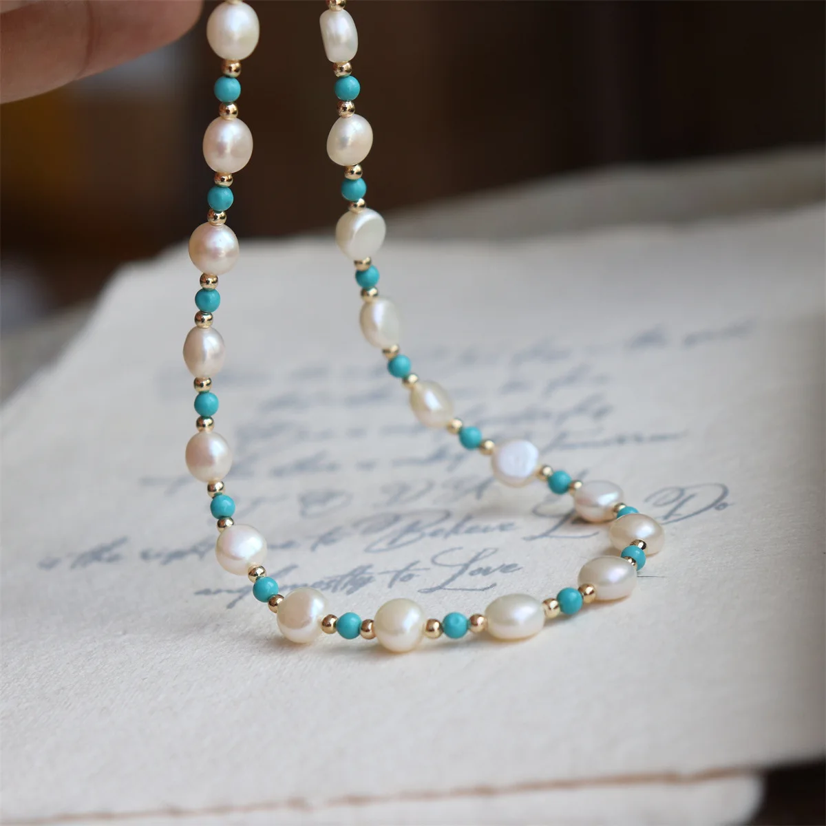 

Vintage Design Minimalist Vintage South Sea Baroque White Pearl Necklace With Turquoise Accents At Party