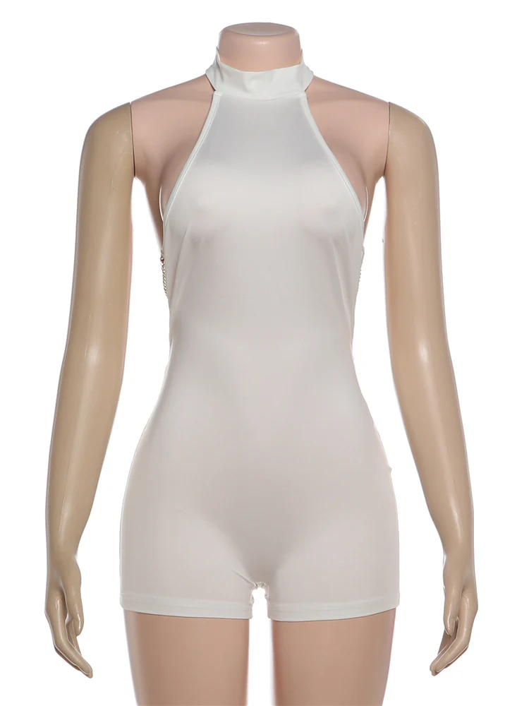 Kliou Tute corte alla moda sexy Donna Halter con spalle scoperte Catena di metallo Backless Skinny Peach Hip High Street Style Pagliaccetti classici