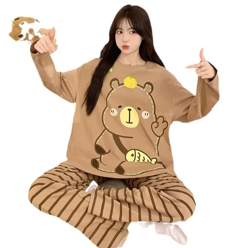 ชุดนอนสาวโปชาคโคฤดูใบไม้ผลิฤดูใบไม้ร่วงลำลองเสื้อแขนยาวกางเกงเสื้อผ้าผู้หญิงหวานการ์ตูนซินนามอนโรลชุดนอนชุด