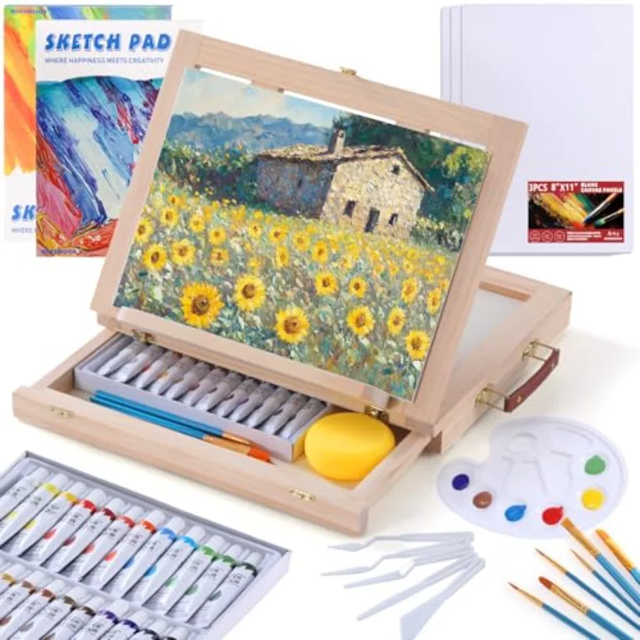 

54 Pieces Acrylic Paint Set with Tabletop Easel Stand, Complete Starter Painting Art Supplies with Acrylic Paints, Canvases, Sk