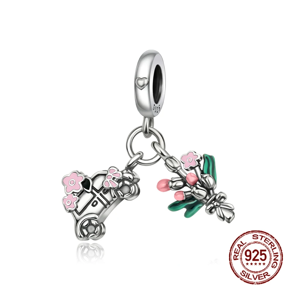 

925 Sterling Silver Wedding Car Streamer Bouquet Pendant Charm Fit Original Charm Bracelets Women DIY Jewelry Gift