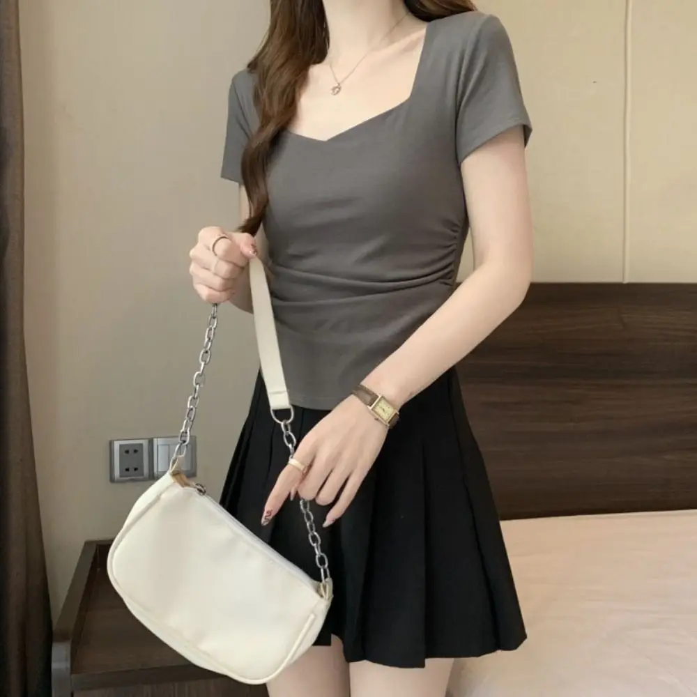 تنفس سليم صالح Y2K المحاصيل القمم مطوي الصيف الكورية تي شيرت النساء الملابس قصيرة الأكمام الصلبة تي شيرت قصير السيدات #2