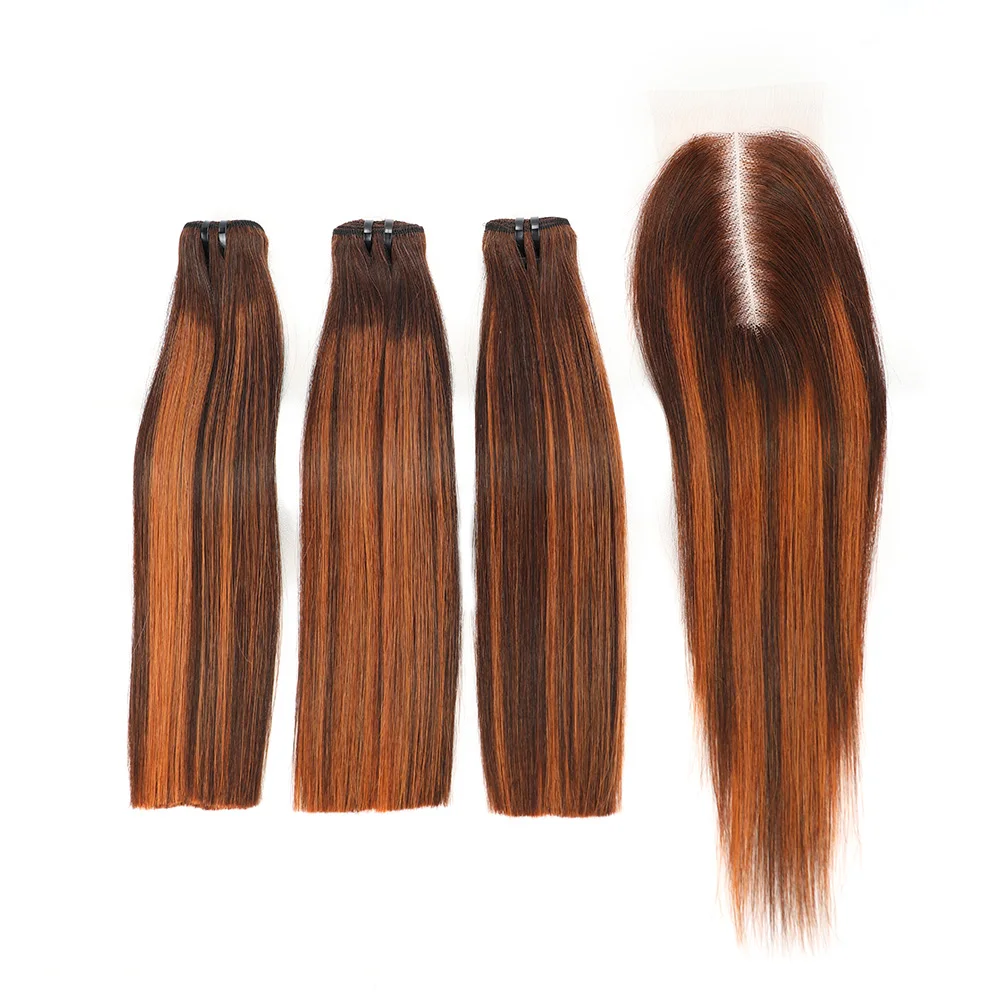 Super Double Draw Bone Straight Human Hair Bundles with Closure HD 2x6 Lace Kim K Honey Brown Color Vietnam Raw Hair Bundles