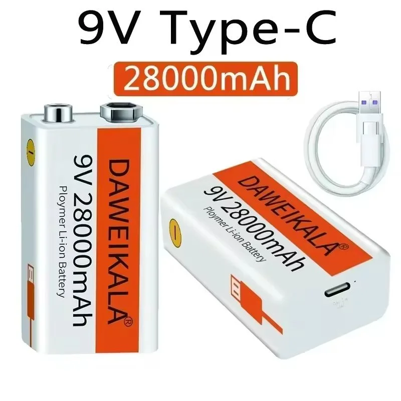 Daweikala 9V 28000mAh USB Rechargeable Lithium Battery 6F22, High Capacity for Multimeter, Microphone, Toy, Guitar, KTV