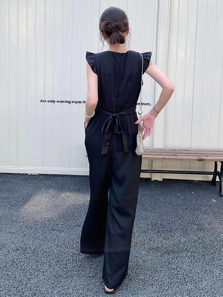 Tuta nera per donna Tuta estiva a gamba larga di fascia alta stile dea con vita sottile