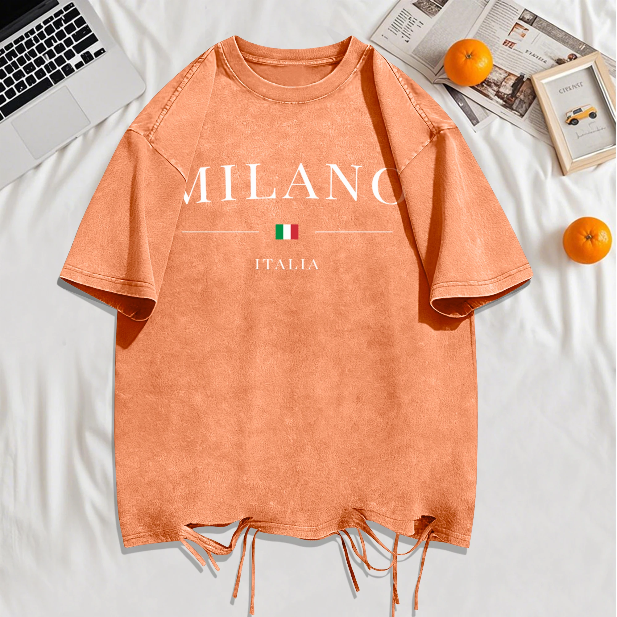 Italia Milano City Print Snow Wash Holes T-Shirt Herren Sommer Lässige Mode Kurzarm Unisex Lockere Kleidung Baumwolle Retro Top