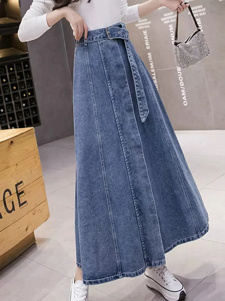 New Women Spring Summer Long Denim Skirt Fashion Patchwork Single Breasted High Waist Skirt Casual Loose Light Blue Jeans Skirt