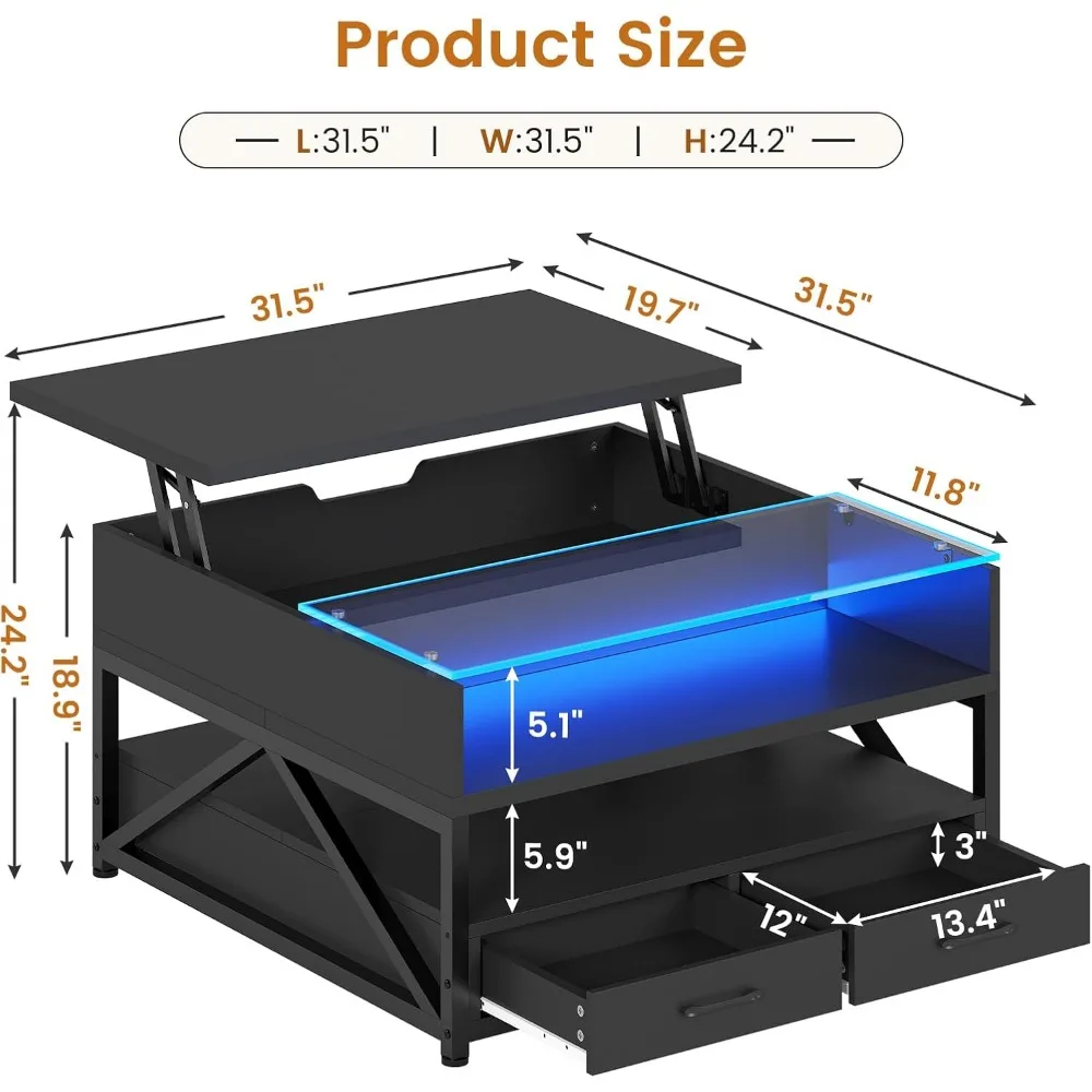 隠し収納コンパートメントとオープンで正方形のコーヒーテーブルを備えたトップLEDコーヒーテーブル、リビングルーム用収納テーブル、31.5インチ