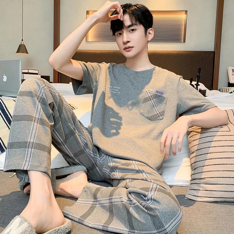 Korean Fashion Nightwear for Men Cotton Sleepwear Summer Breathable Pijamas 2pcs/set Home Clothing Short Sleeping Top Pant