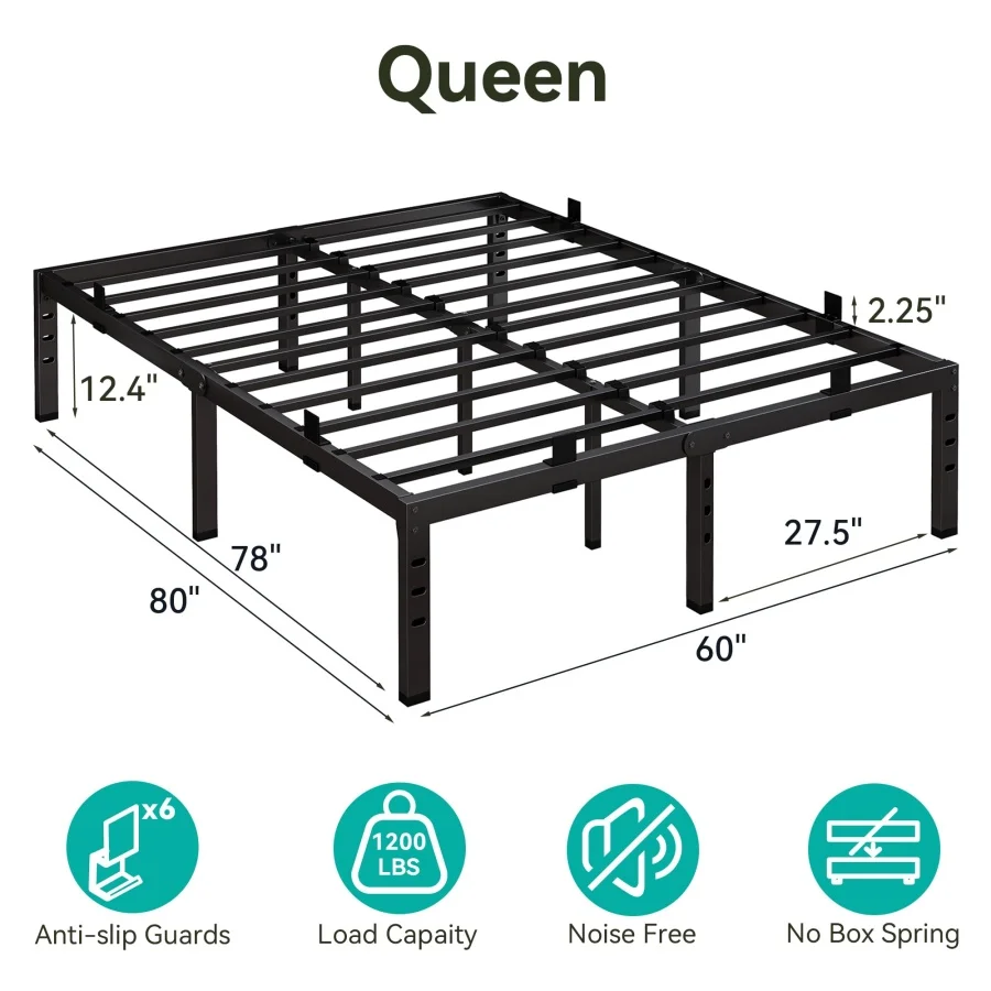 

Каркас кровати размера Queen, 14-дюймовая металлическая платформа для кровати размера Queen с местом для хранения вещей, противоскользящая конструкция матраса, усиленная конструкция.
