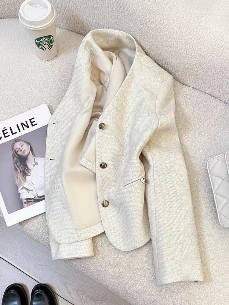 الكورية شيك الخامس الرقبة السترة للنساء الخريف فضفاضة واحدة الصدر رداء غير رسمية سترة Y2K أنيقة مكتب سيدة كل مباراة ملابس خارجية