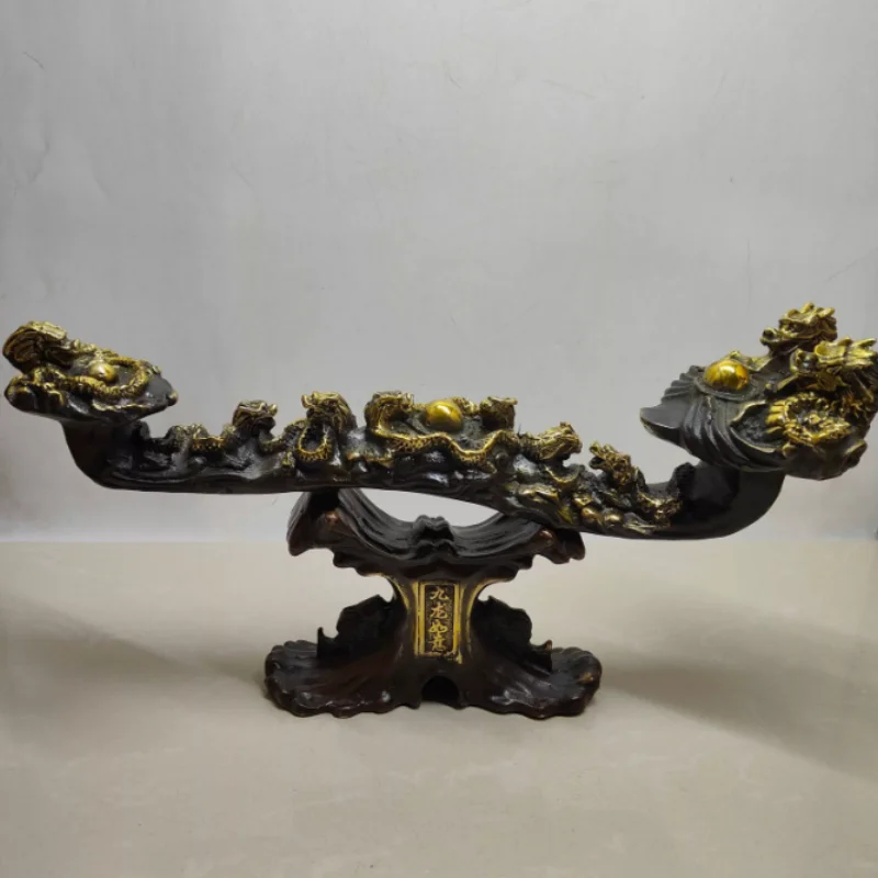 Antique Gilded Brass Nine-Dragon Ruyi Statue- Chinese Feng Shui Wealth Attracting Scepter Home Entrance Display Art Collect Gift