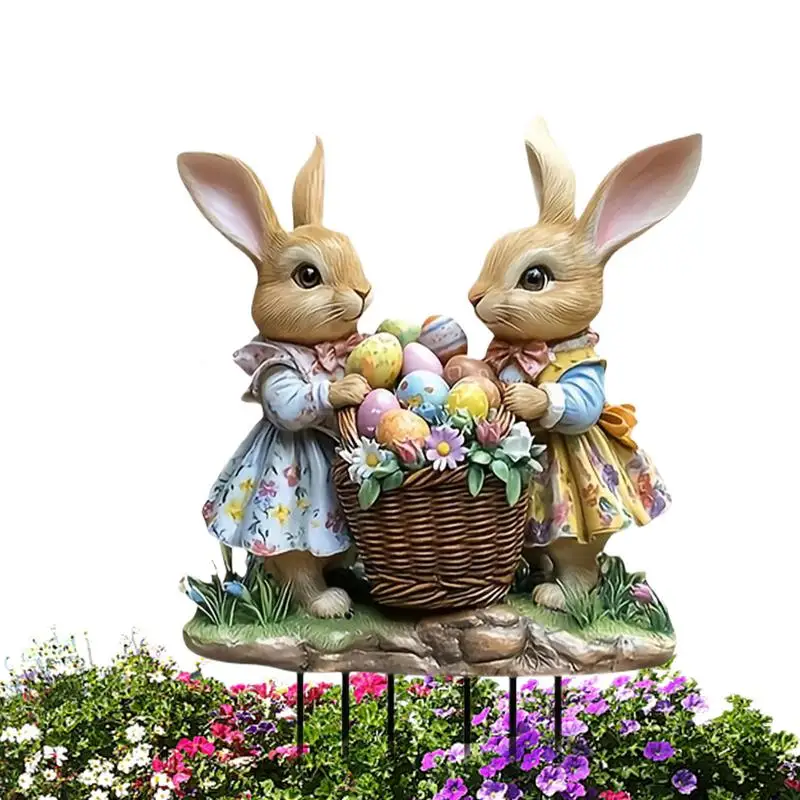 Happy Easter Bunny Sign Cute 2D Flat Standing Rabbit With Eggs Lawn Stakes Art Animals Garden Stakes Decorative Outdoor Rabbit