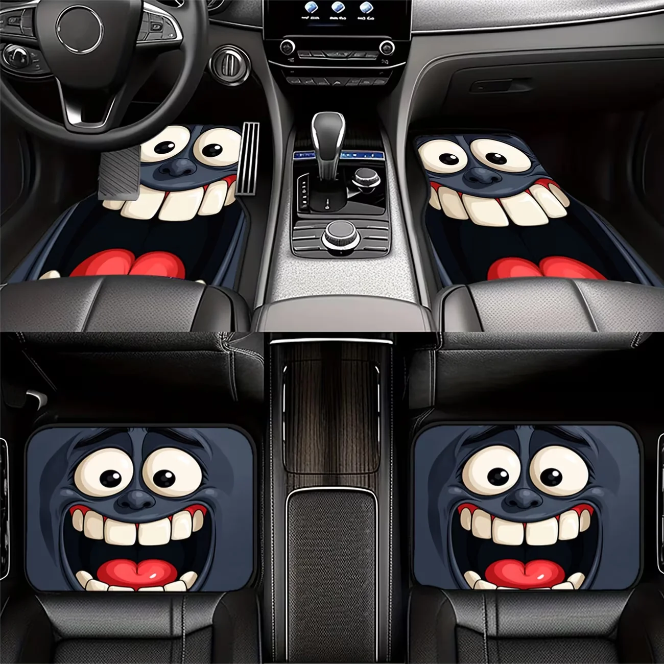 4-Piece Set of Fun Cartoon Smiley Face Printed Car Floor Mats, Quirky Smiling Character Design, Universal Car Interior Decoration, Stylish Car Accessories for Daily Commuting