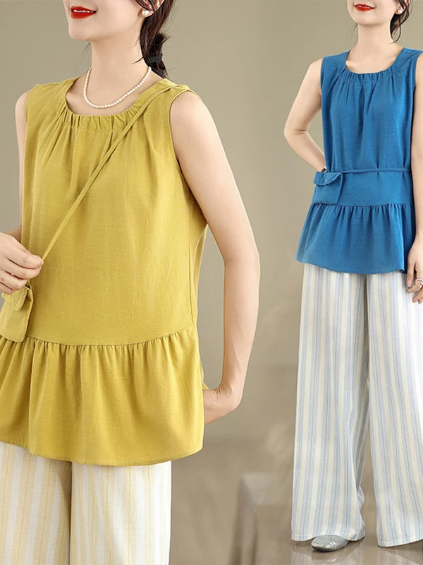 

Cotton Linen Set Women's Summer Loose Casual Meat Covering Slimming Top Wide Leg Pants Two Piece Set Faionable Ensemble
