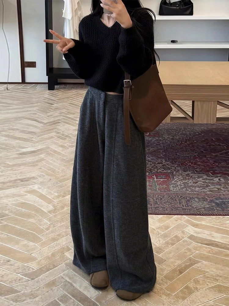 Pantalon taille haute à jambes larges pour femmes, doublé en Fce, coupe ample, coréen, pour les déplacements, coupe droite