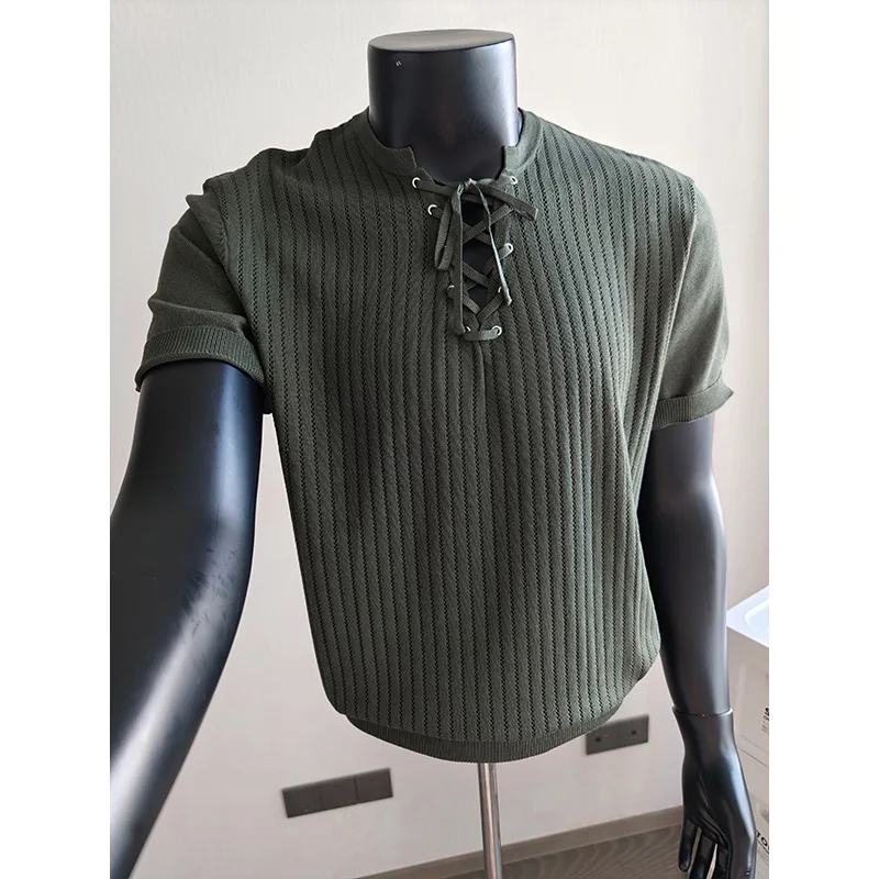 2026 Summer Ice Silk Hollow Knitted Short Sleeved T-shirt Men Slim Strap Up Round Neck Casual T-shirts Business Social Tee Tops