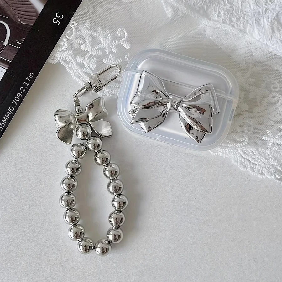 Estuche para auriculares con cadena y lazo galvanizado de estilo coreano, adecuado para auriculares Apple AirPods de 4.ª generación/Pro 2.ª/3.ª generación, regalo perfecto para el día de San Valentín