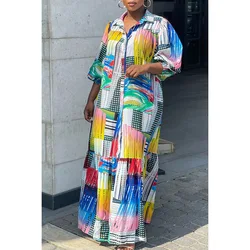 Women'S Dresses Plus Size 5xl Autumn Multicolor Daily All Over Print Long Sleeve Shirt Collar Maxi Dresses