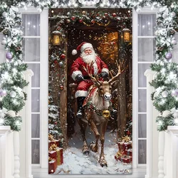 Santa and Reindeer Christmas door banners - holiday farmhouse front door hanging signs, holiday home wall decorations
