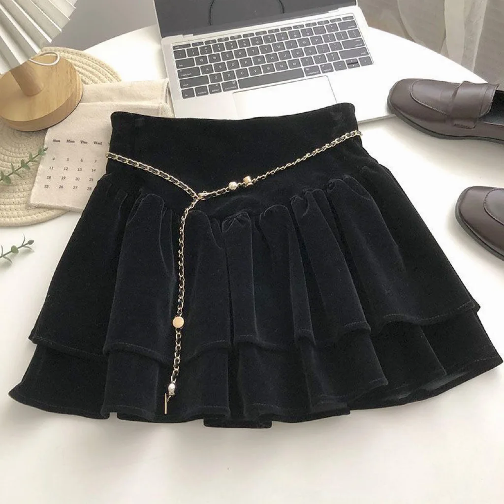 التنانير الفتيات الخريف الربيع جديد مرونة الخصر تنورة عالية الخصر المخملية تكدرت حافة قصيرة ملابس الأطفال خمر #4