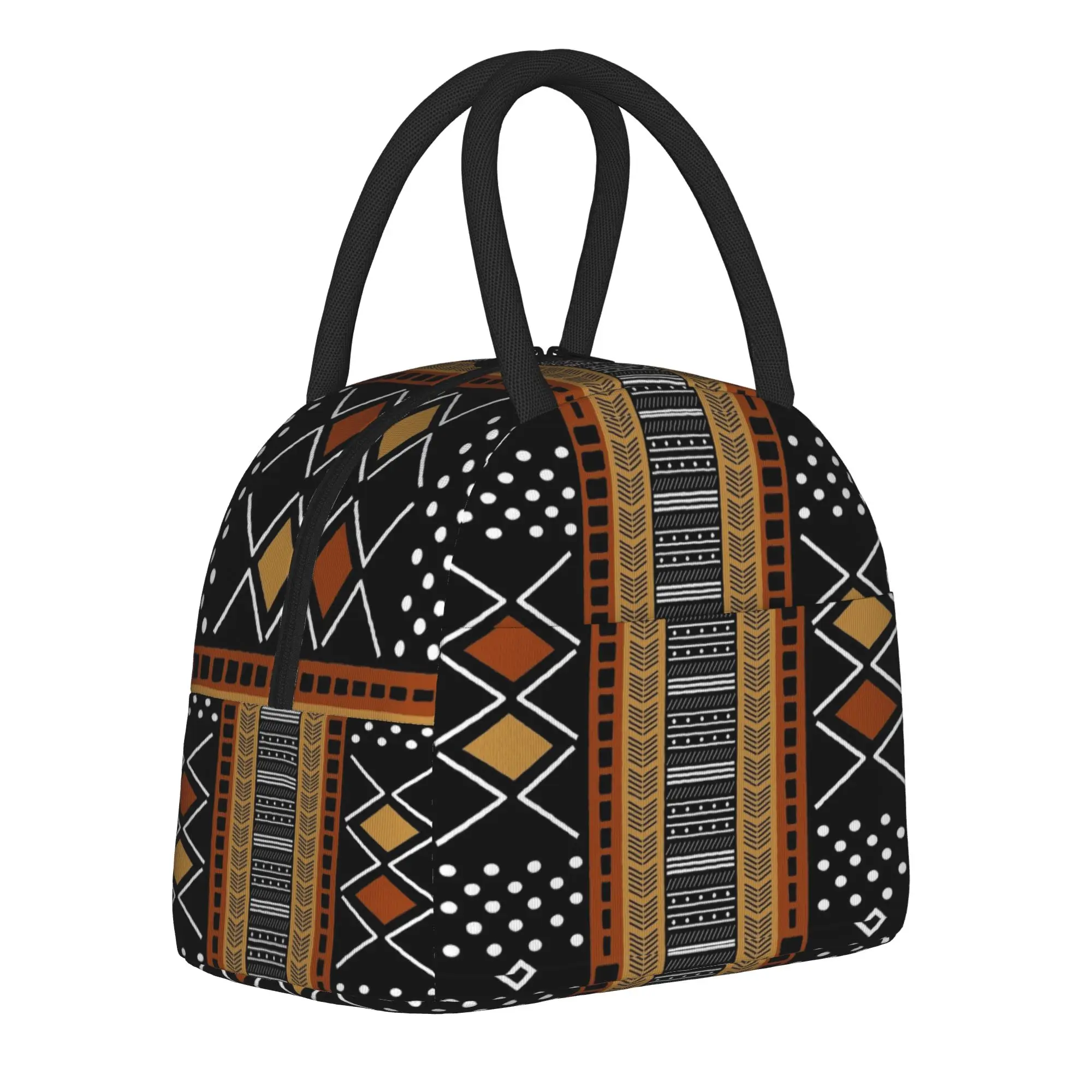 African Ethnic Tribal Ankara Tote Insulated Lunch Bag Mud Cloth Carry Food Bags Leakproof Thermal Cooler Washable Bento Box
