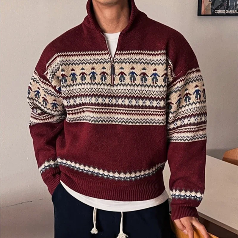 

Зимние свитера с воротником-поло на молнии Fair Isle для мужчин Y2K, винтажные рождественские вязаные пуловеры 2025 года, новый красный трикотаж, мужской трикотаж